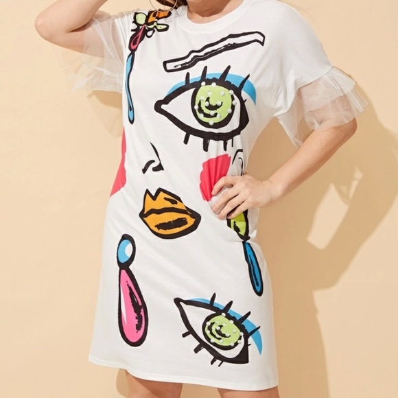 Dresses & Skirts - ❌SOLD❌ GIRL EYES & LIP GRAPHIC DESIGN MESH SLEEVES